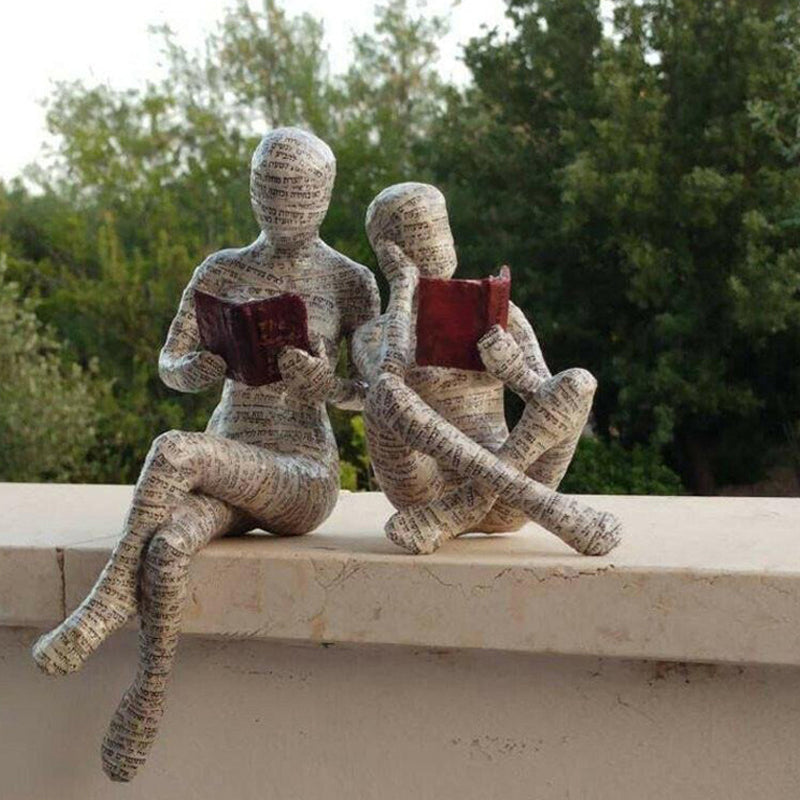 Reading Figurine Handcrafted Resin Newspaper Print