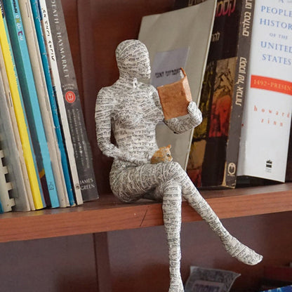 Reading Figurine Handcrafted Resin Newspaper Print