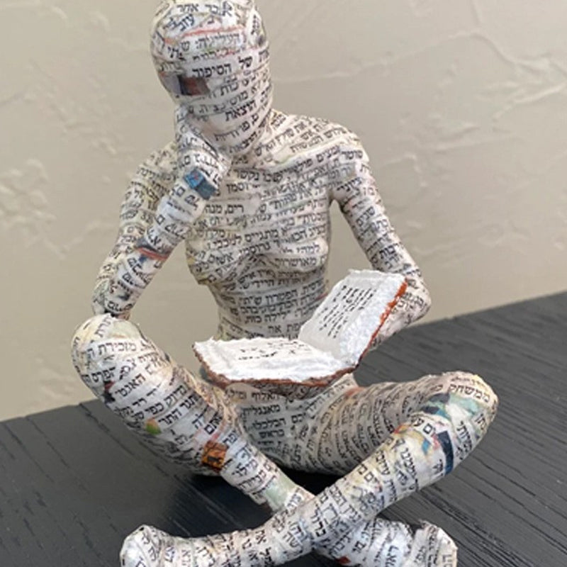 Reading Figurine Handcrafted Resin Newspaper Print