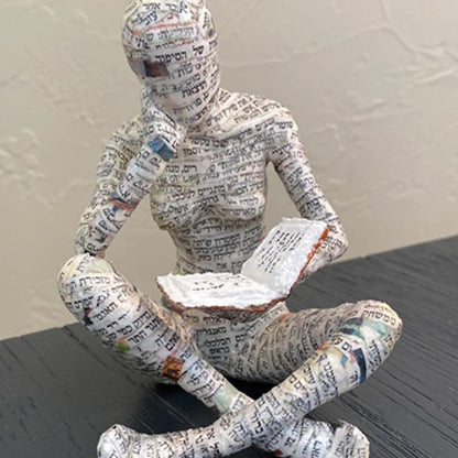 Reading Figurine Handcrafted Resin Newspaper Print
