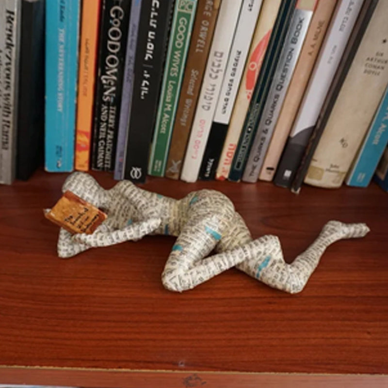 Reading Figurine Handcrafted Resin Newspaper Print