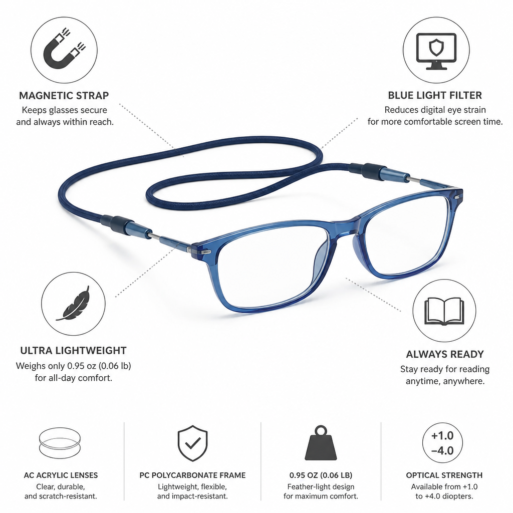 Reading Glasses Magnetic Neck Strap Blue Light Filter Lightweight