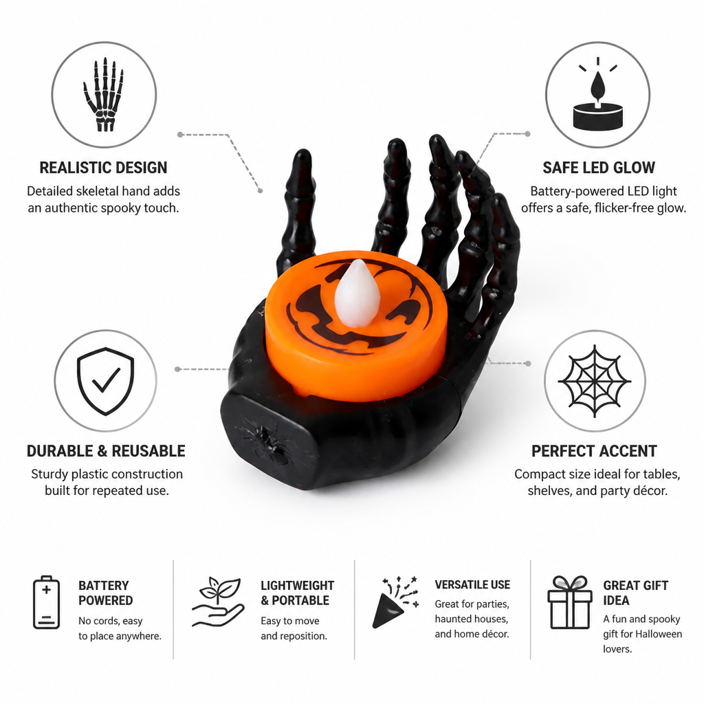 Realistic Skeletal Hand & Battery-Powered LED Candle Holder