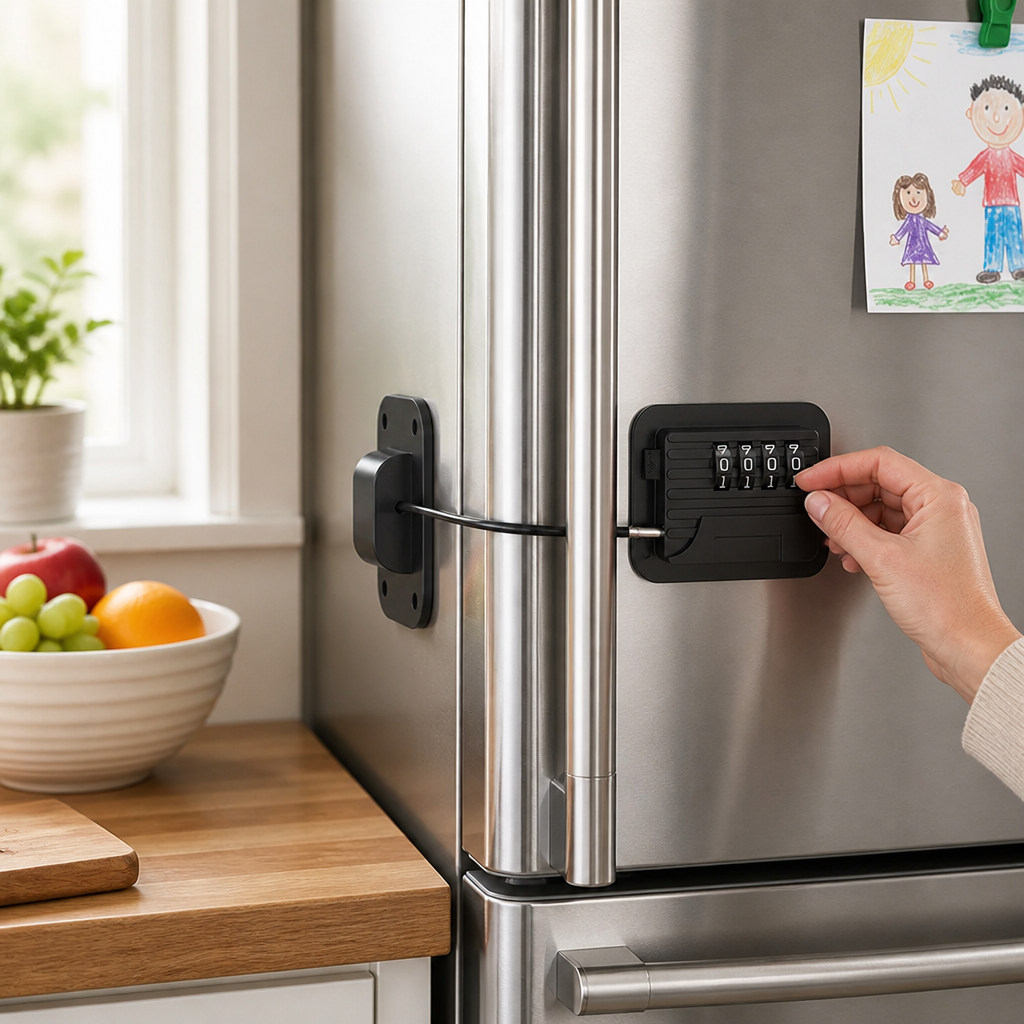 Refrigerator Lock Keyless Password Adjustable Strap & Adhesive Mount