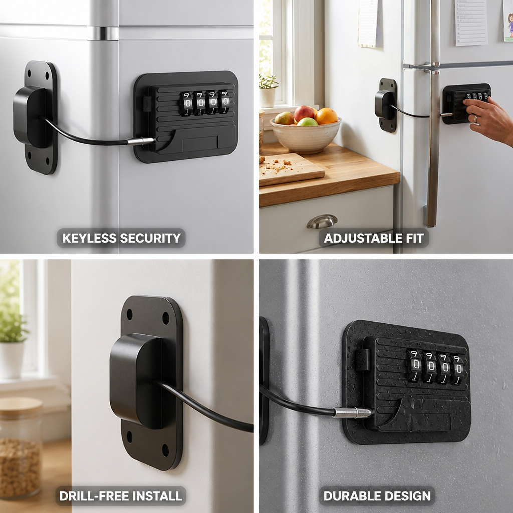 Refrigerator Lock Keyless Password Adjustable Strap & Adhesive Mount