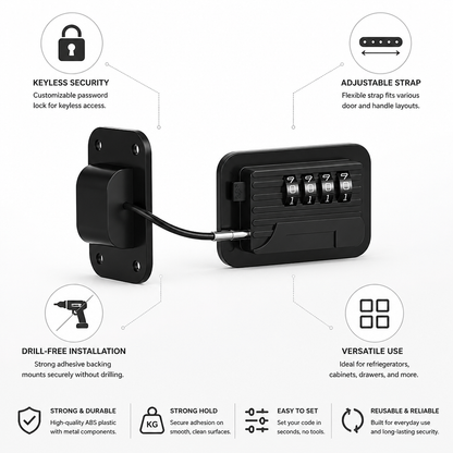 Refrigerator Lock Keyless Password Adjustable Strap & Adhesive Mount