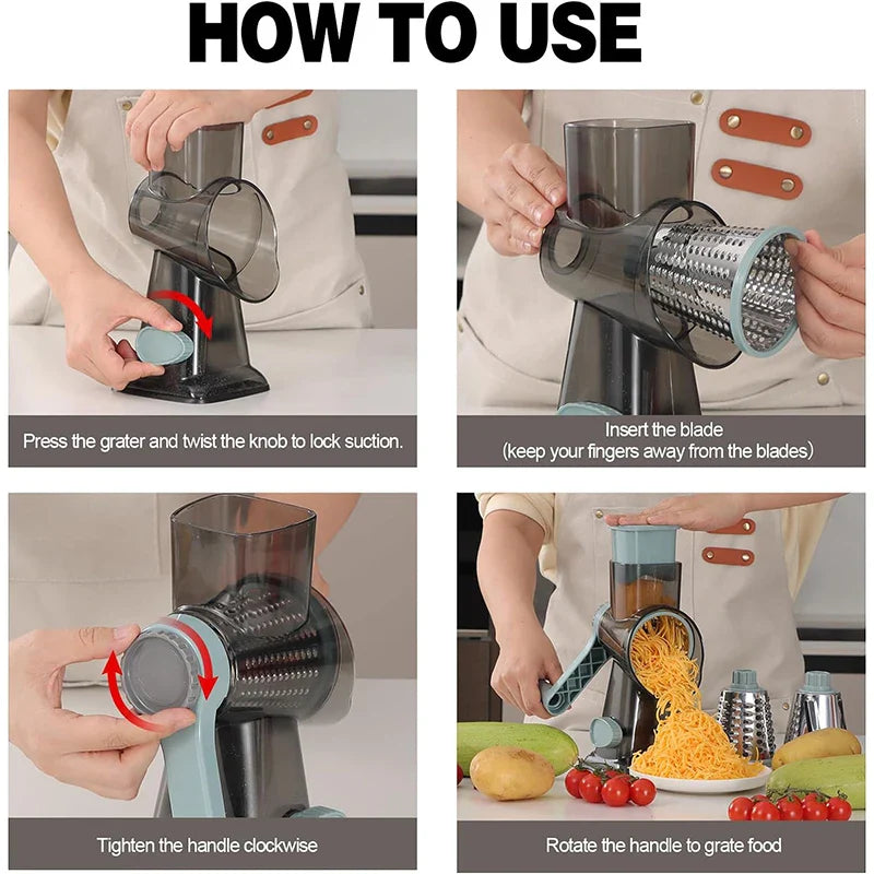 Rotary Grater 3 Stainless Steel Drums Suction Cup Base