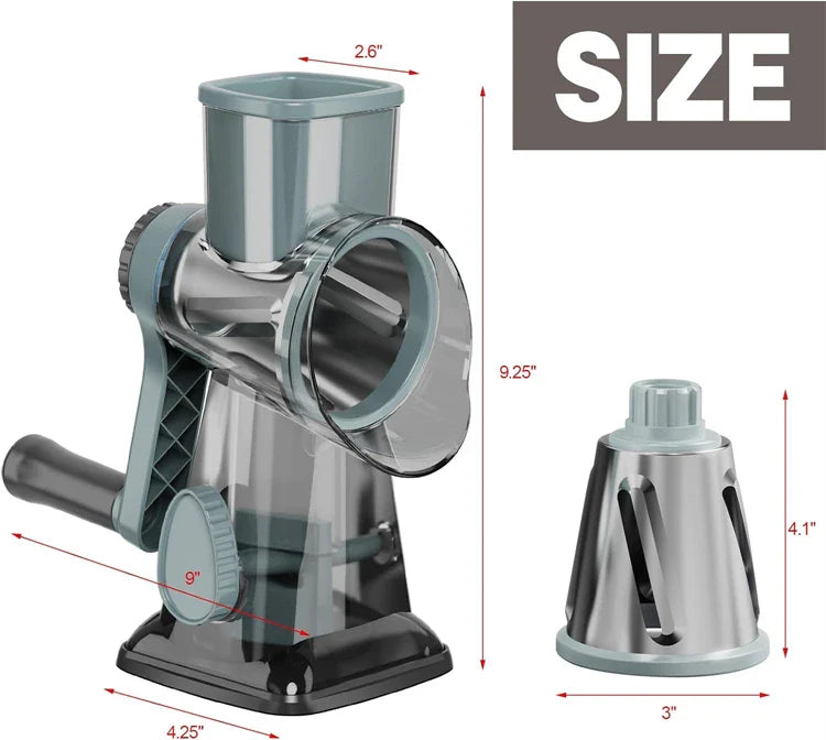 Rotary Grater 3 Stainless Steel Drums Suction Cup Base
