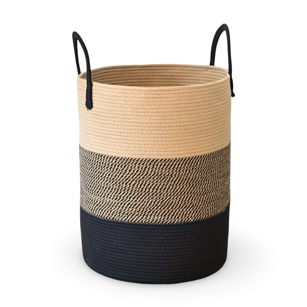 Round Laundry Basket Tall Cotton Rope Handles