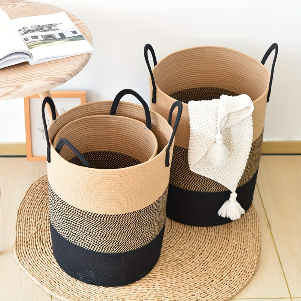 Round Laundry Basket Tall Cotton Rope Handles