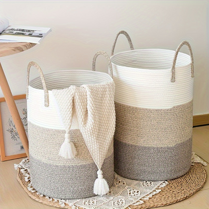 Round Laundry Basket Tall Cotton Rope Handles