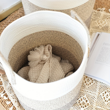 Round Laundry Basket Tall Cotton Rope Handles