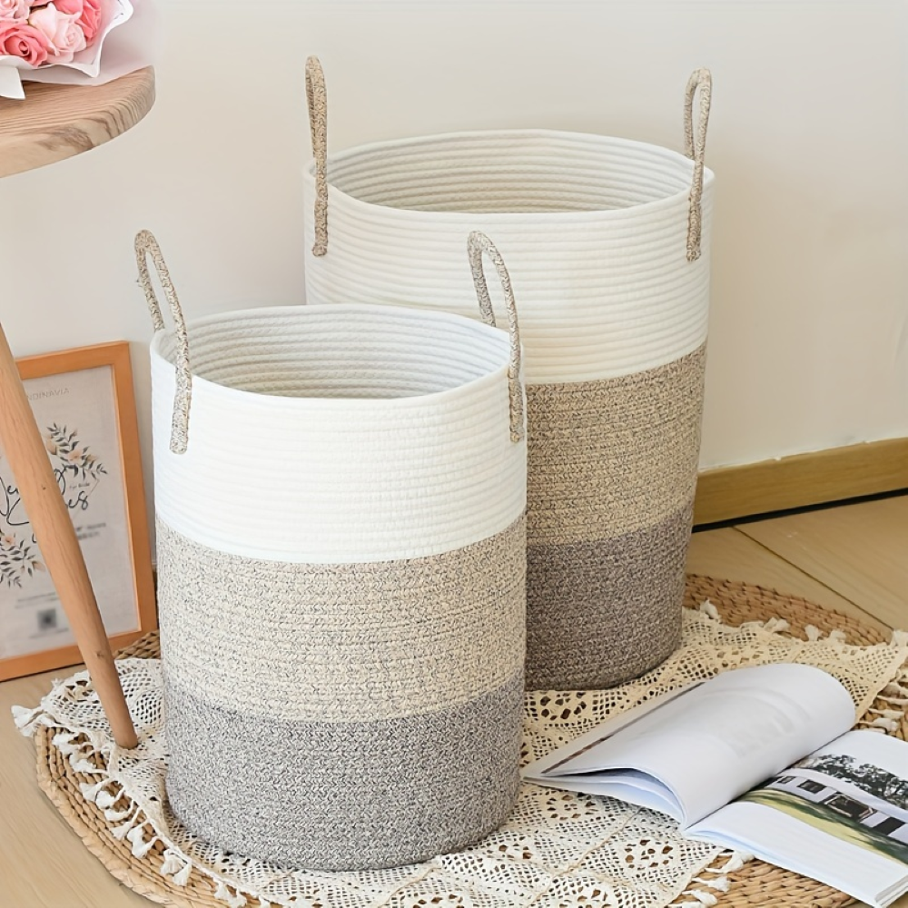 Round Laundry Basket Tall Cotton Rope Handles