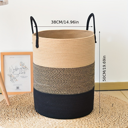 Round Laundry Basket Tall Cotton Rope Handles