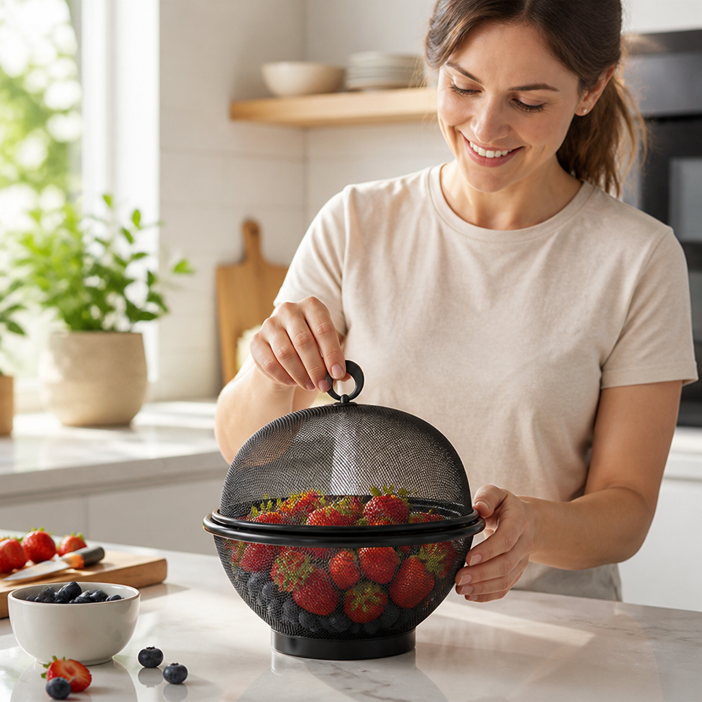 Rust-Resistant Steel Mesh Fruit Basket (Breathable Lid & Built-In Sieve)