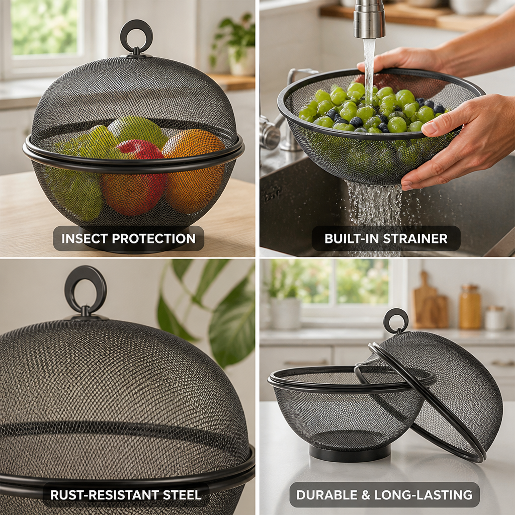 Rust-Resistant Steel Mesh Fruit Basket (Breathable Lid & Built-In Sieve)