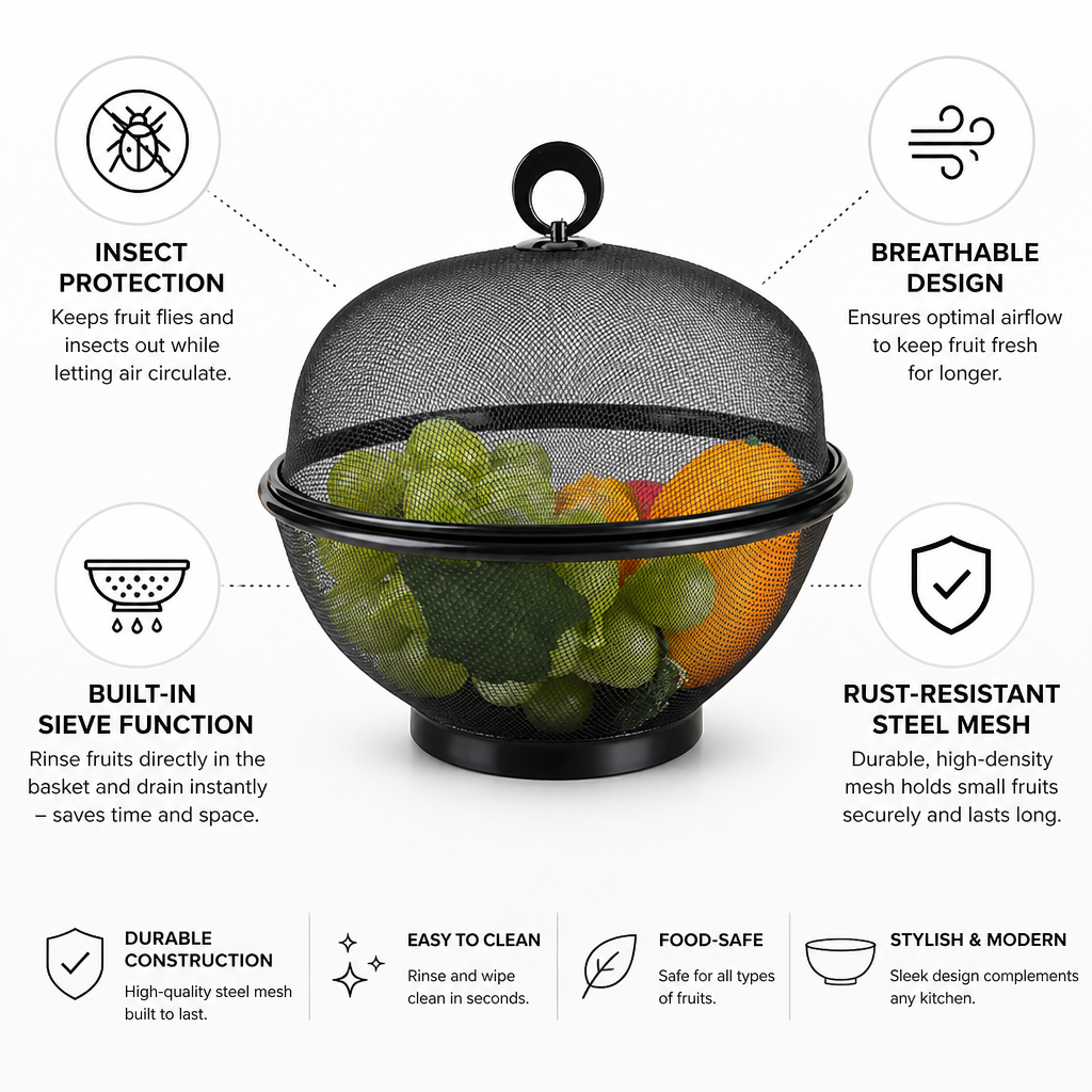 Rust-Resistant Steel Mesh Fruit Basket (Breathable Lid & Built-In Sieve)