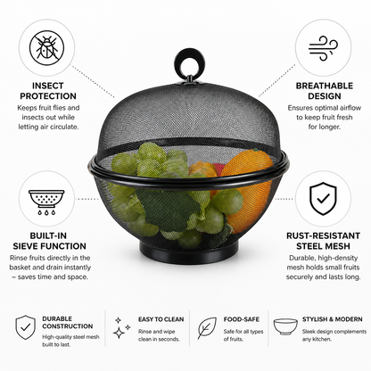 Rust-Resistant Steel Mesh Fruit Basket (Breathable Lid & Built-In Sieve)