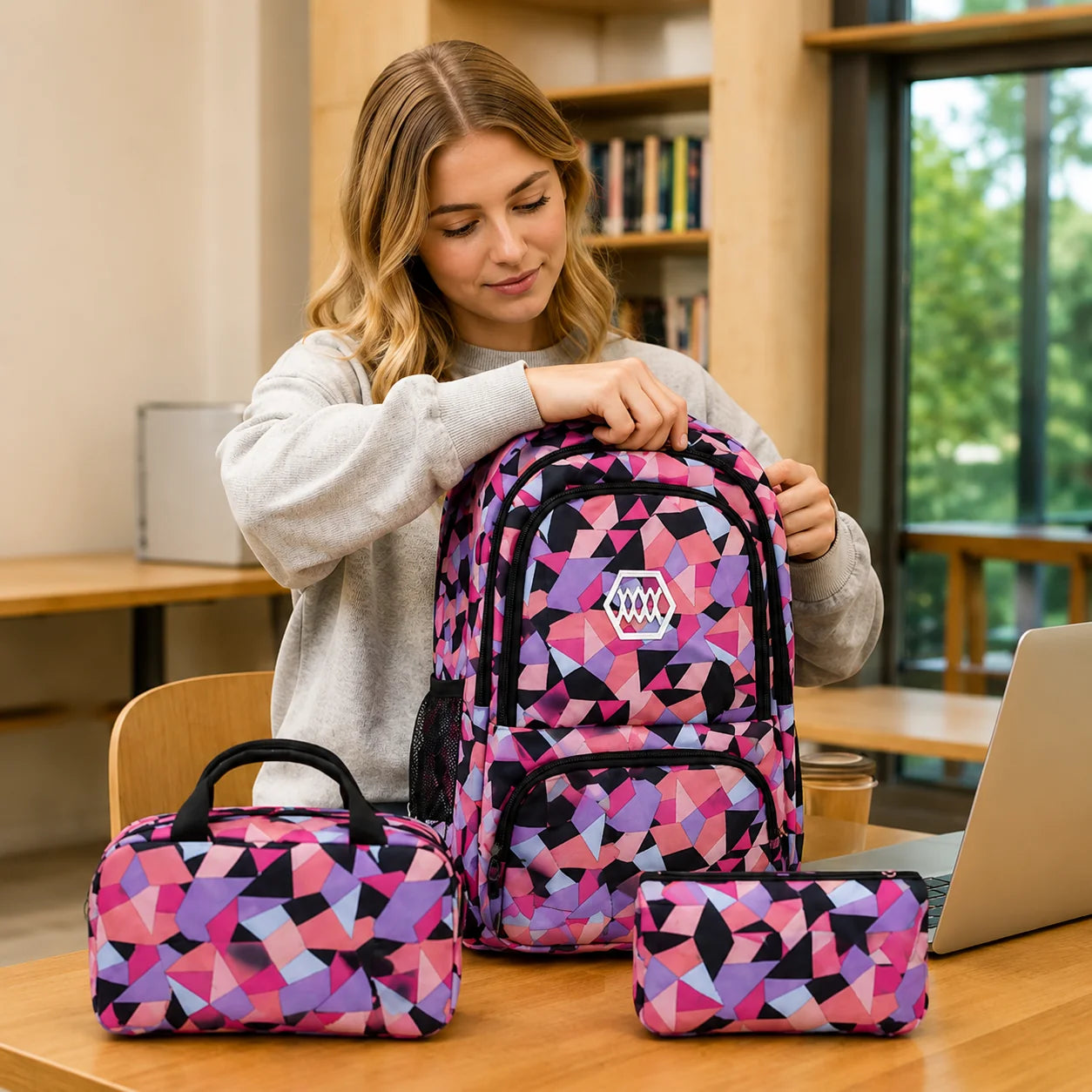 School Backpack Set 3-Piece Water-Resistant Polyester Laptop Pocket