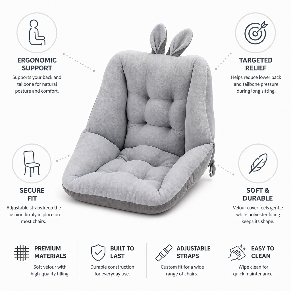 Seat & Back Cushion Ergonomic Tailbone Relief Velour Cover
