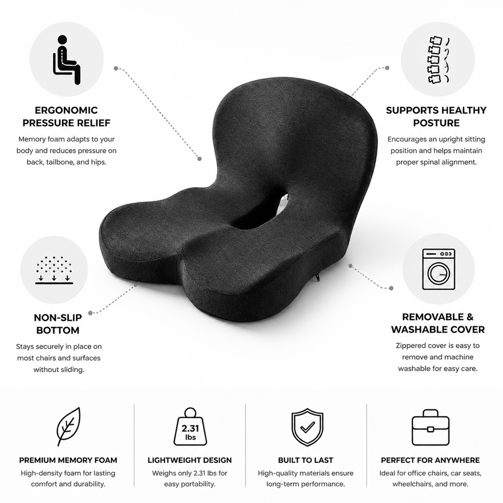Seat Cushion Ergonomic Memory Foam Pressure-Relieving & Non-Slip