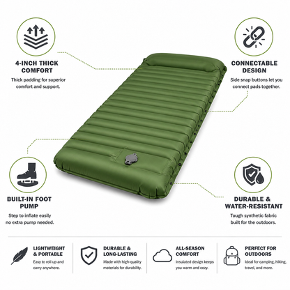 Self-Inflating Camping Sleeping Pad With Connectable Side Press Studs (4-Inch Thick)