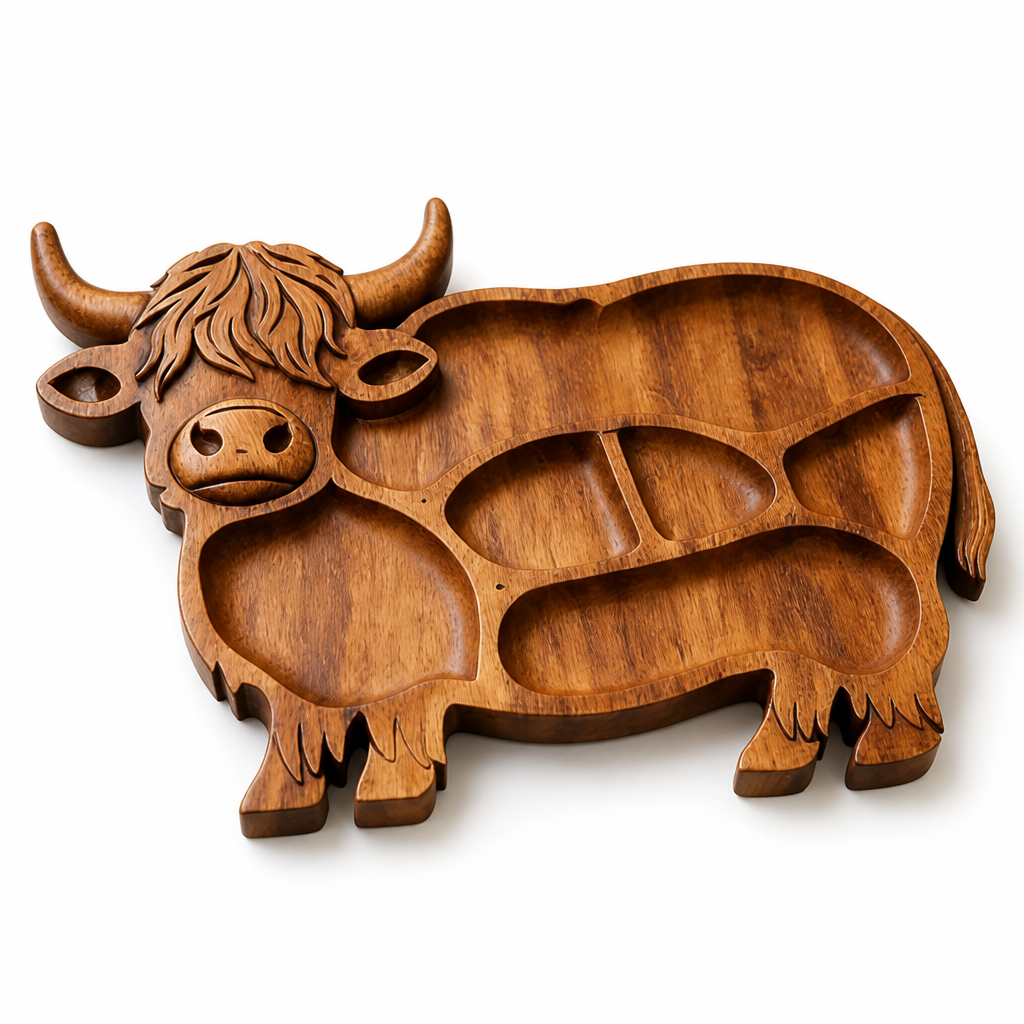 Serving Board Solid Wood Multiple Compartments Hand-Carved Highland Cattle