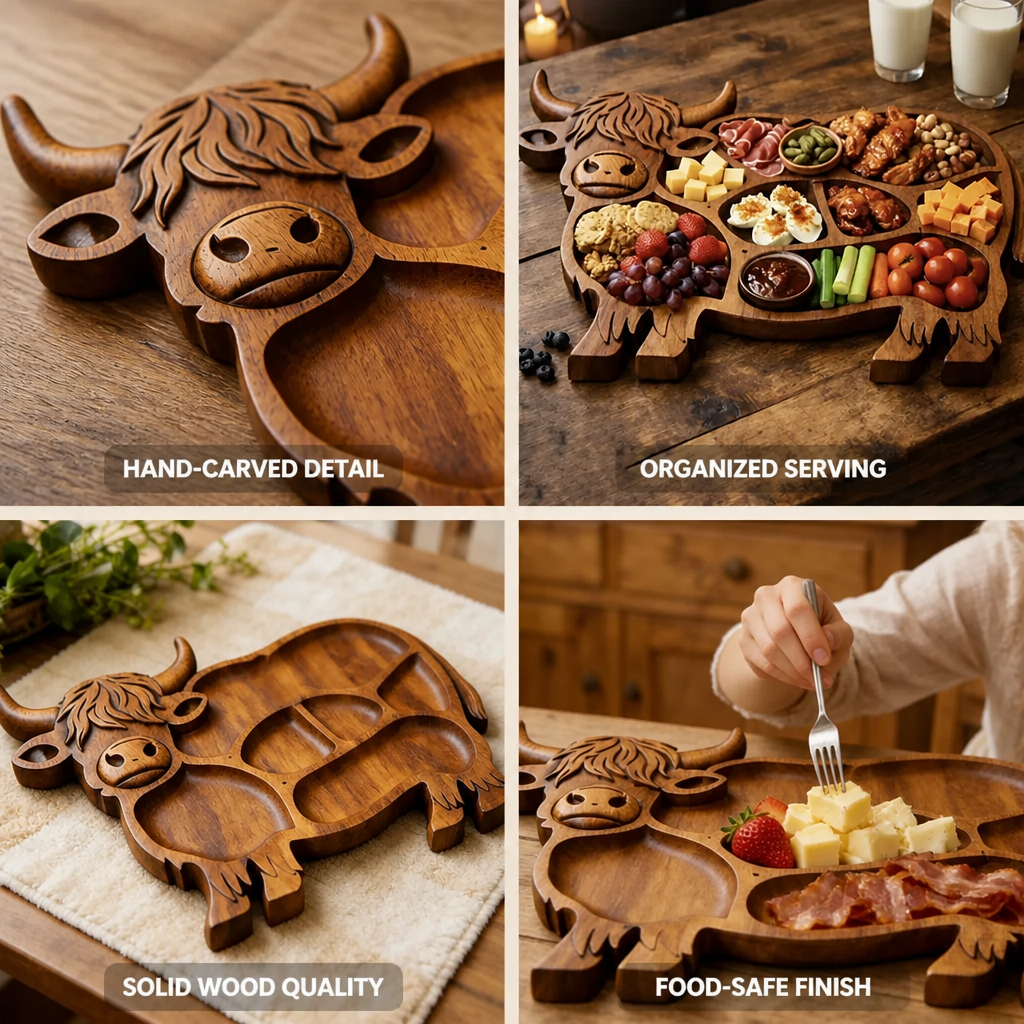 Serving Board Solid Wood Multiple Compartments Hand-Carved Highland Cattle