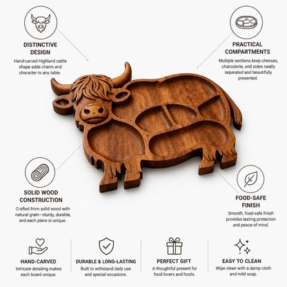 Serving Board Solid Wood Multiple Compartments Hand-Carved Highland Cattle