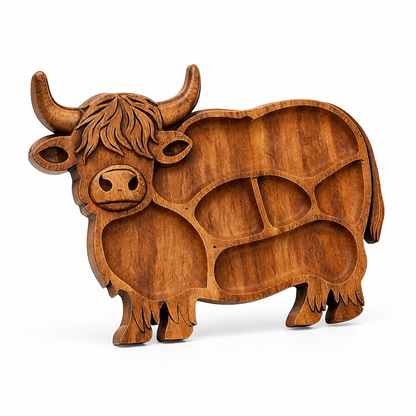Serving Board Solid Wood Multiple Compartments Hand-Carved Highland Cattle