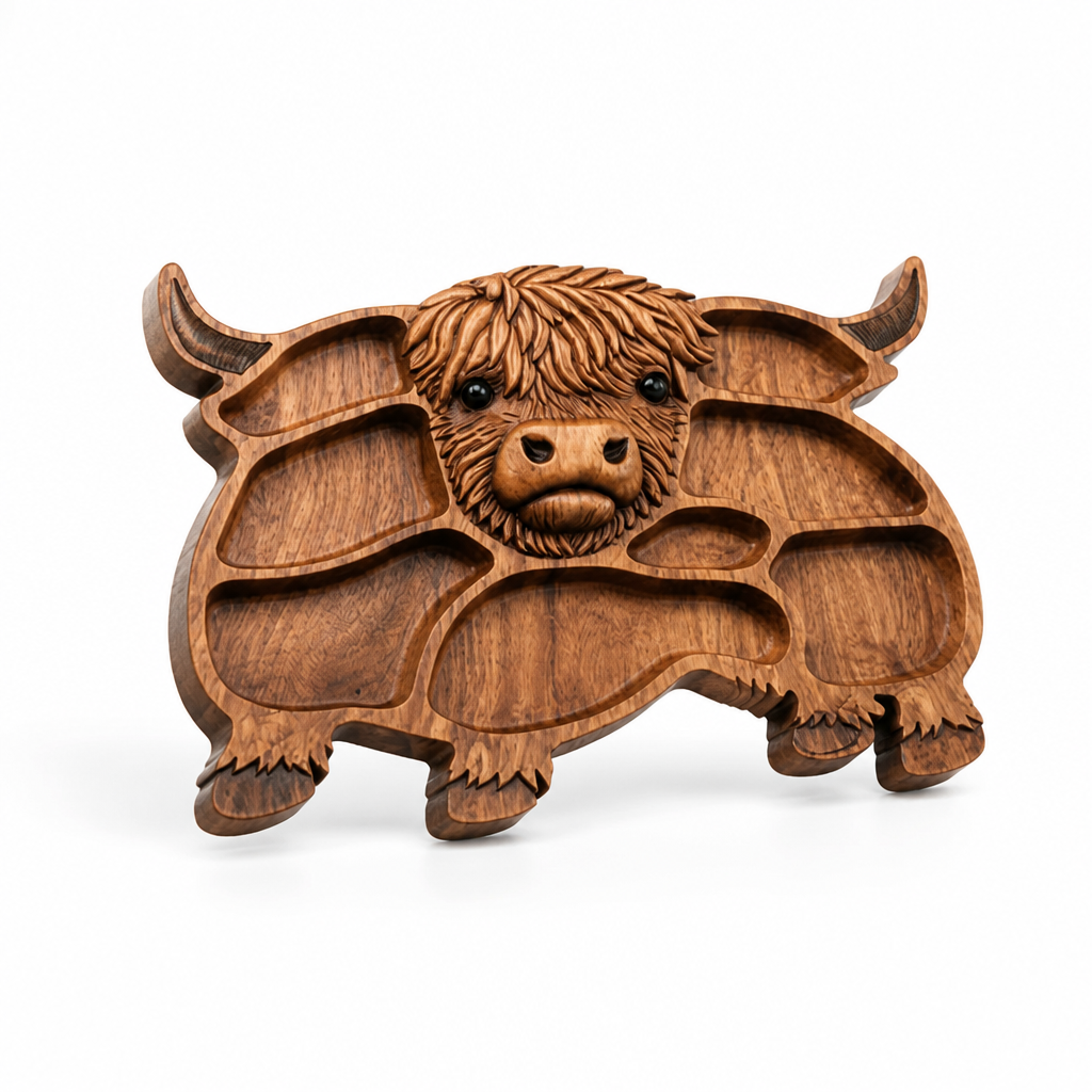Serving Board Solid Wood Multiple Compartments Hand-Carved Highland Cattle