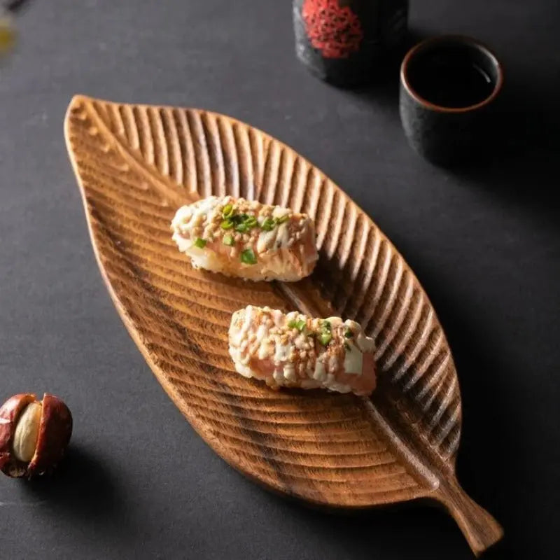 Serving Tray Solid Wood Carved Leaf Integrated Handle
