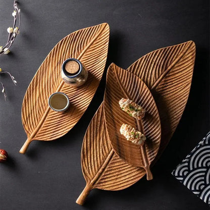 Serving Tray Solid Wood Carved Leaf Integrated Handle