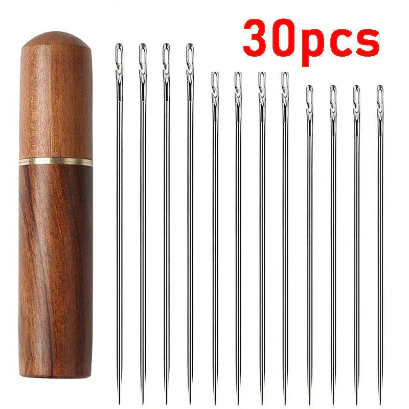 Sewing Needle Set Side-Threading Stainless Steel Wooden Case