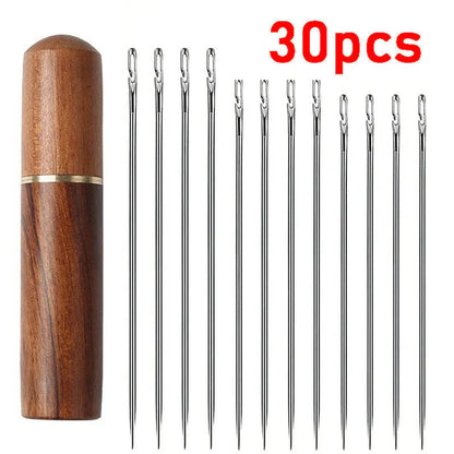 Sewing Needle Set Side-Threading Stainless Steel Wooden Case