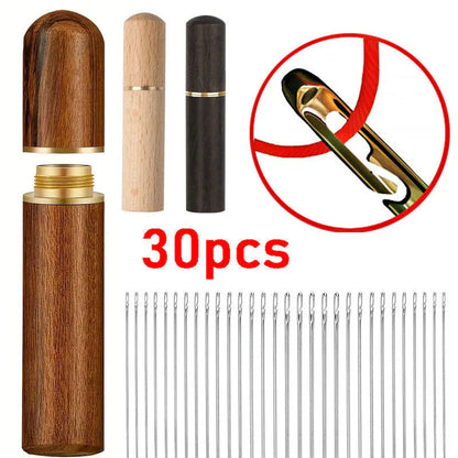 Sewing Needle Set Side-Threading Stainless Steel Wooden Case