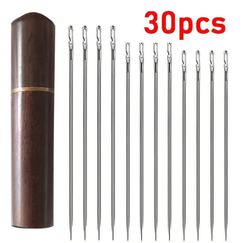 Sewing Needle Set Side-Threading Stainless Steel Wooden Case
