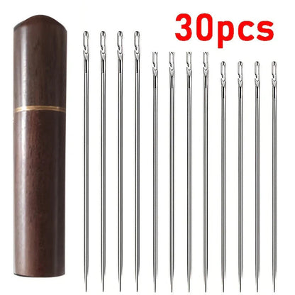 Sewing Needle Set Side-Threading Stainless Steel Wooden Case