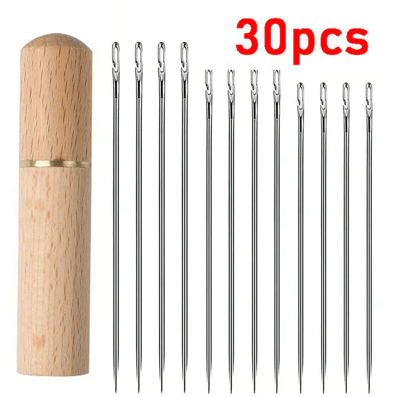 Sewing Needle Set Side-Threading Stainless Steel Wooden Case