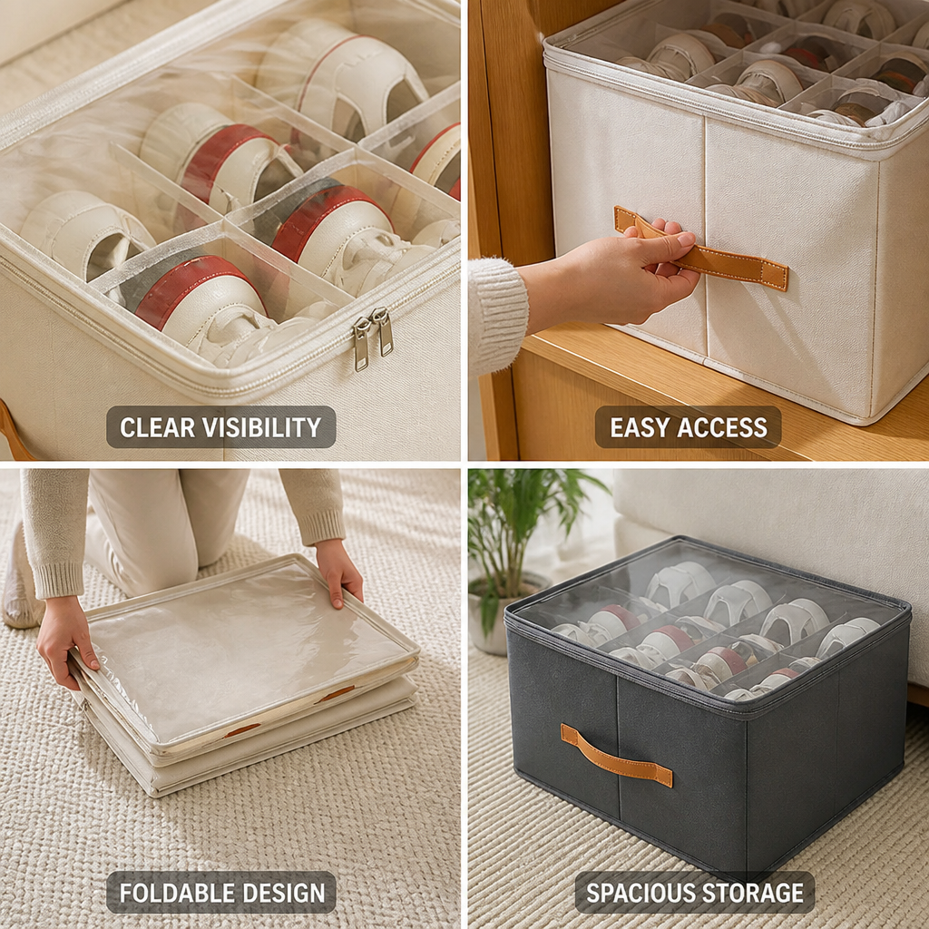 Shoe Organizer Foldable Transparent Lid & Leather Handle