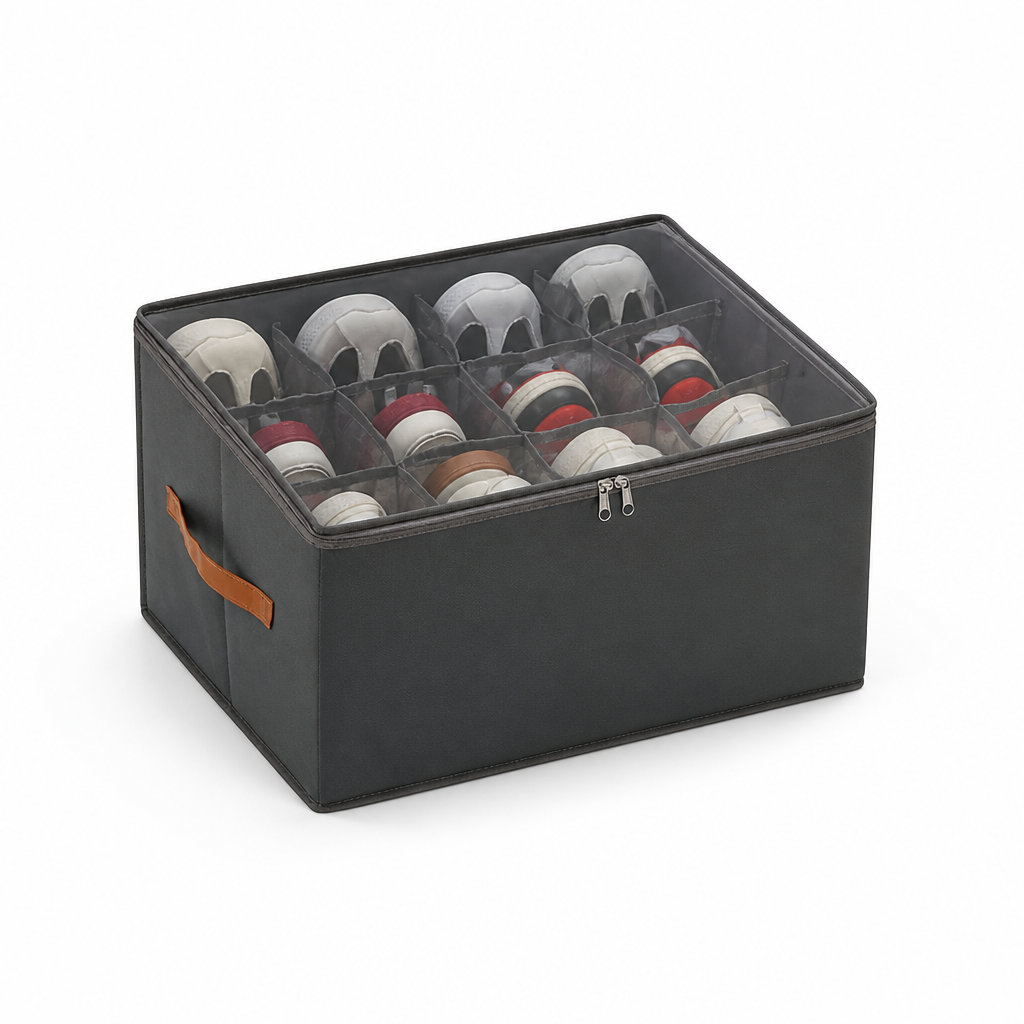 Shoe Organizer Foldable Transparent Lid & Leather Handle