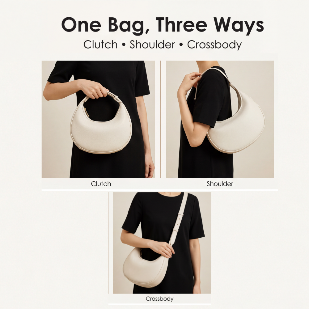Shoulder Bag Crescent Shape 3-Way Strap Faux Leather