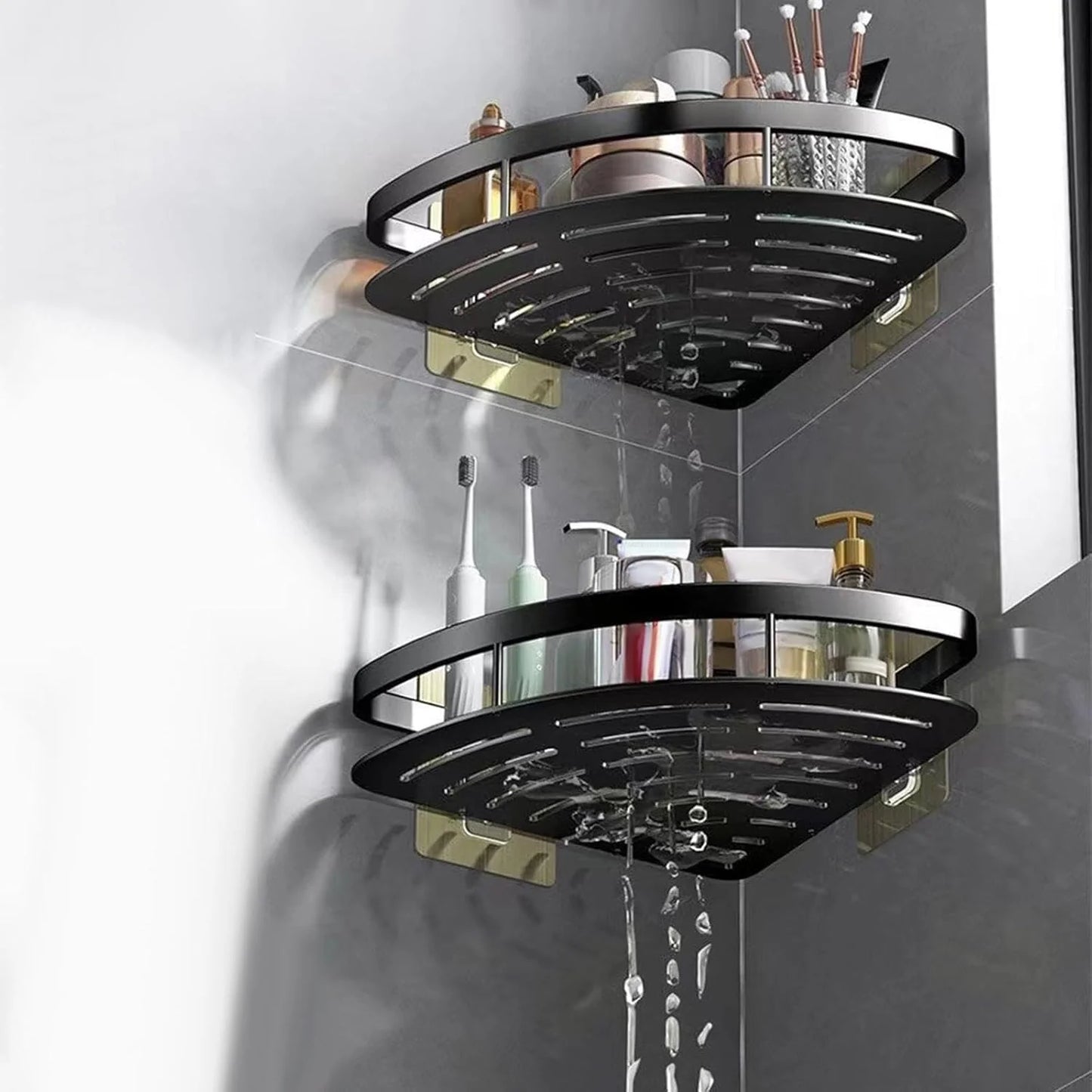 Shower Corner Shelf No-Drill Aluminum Raised Edge