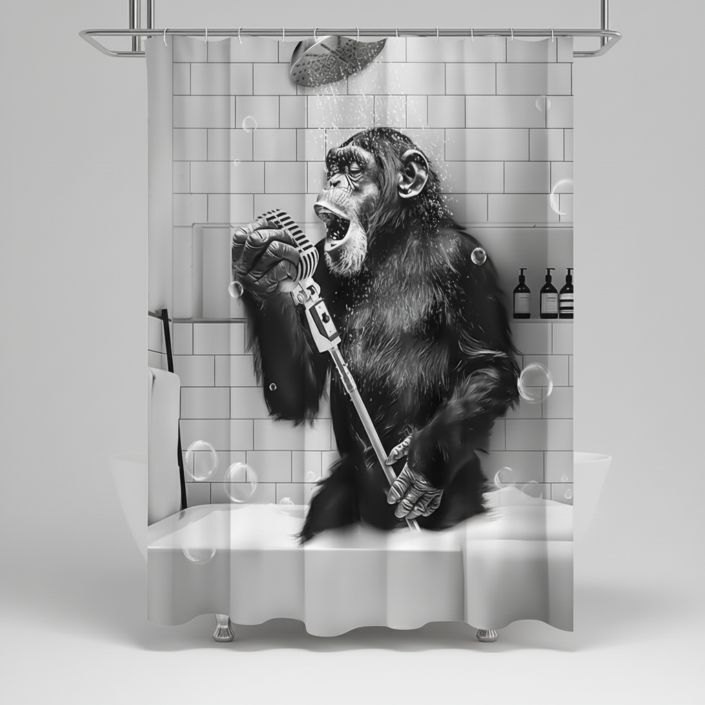 Shower Curtain Black & White Monkey Water Repellent Polyester