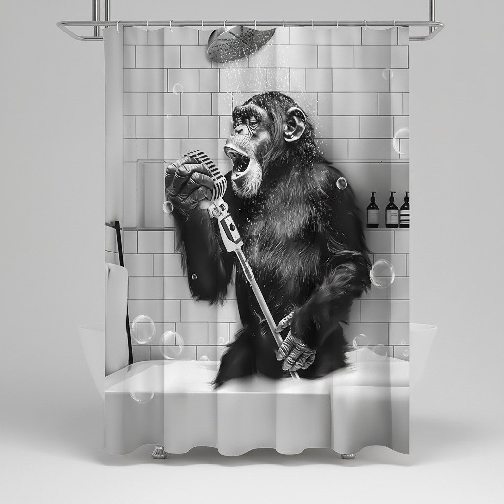 Shower Curtain Black & White Monkey Water Repellent Polyester