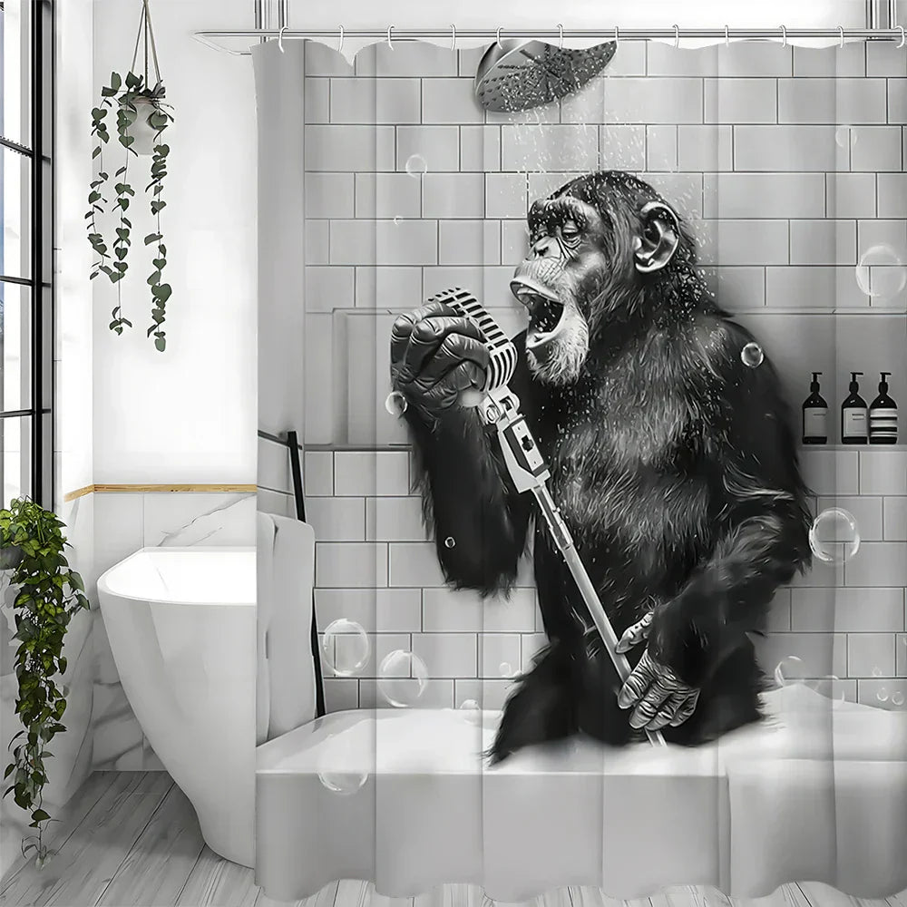 Shower Curtain Black & White Monkey Water Repellent Polyester