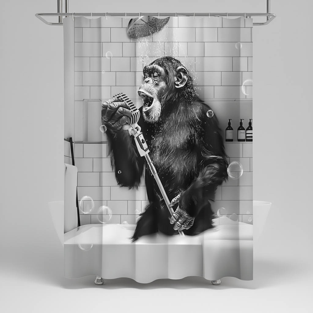 Shower Curtain Black & White Monkey Water Repellent Polyester