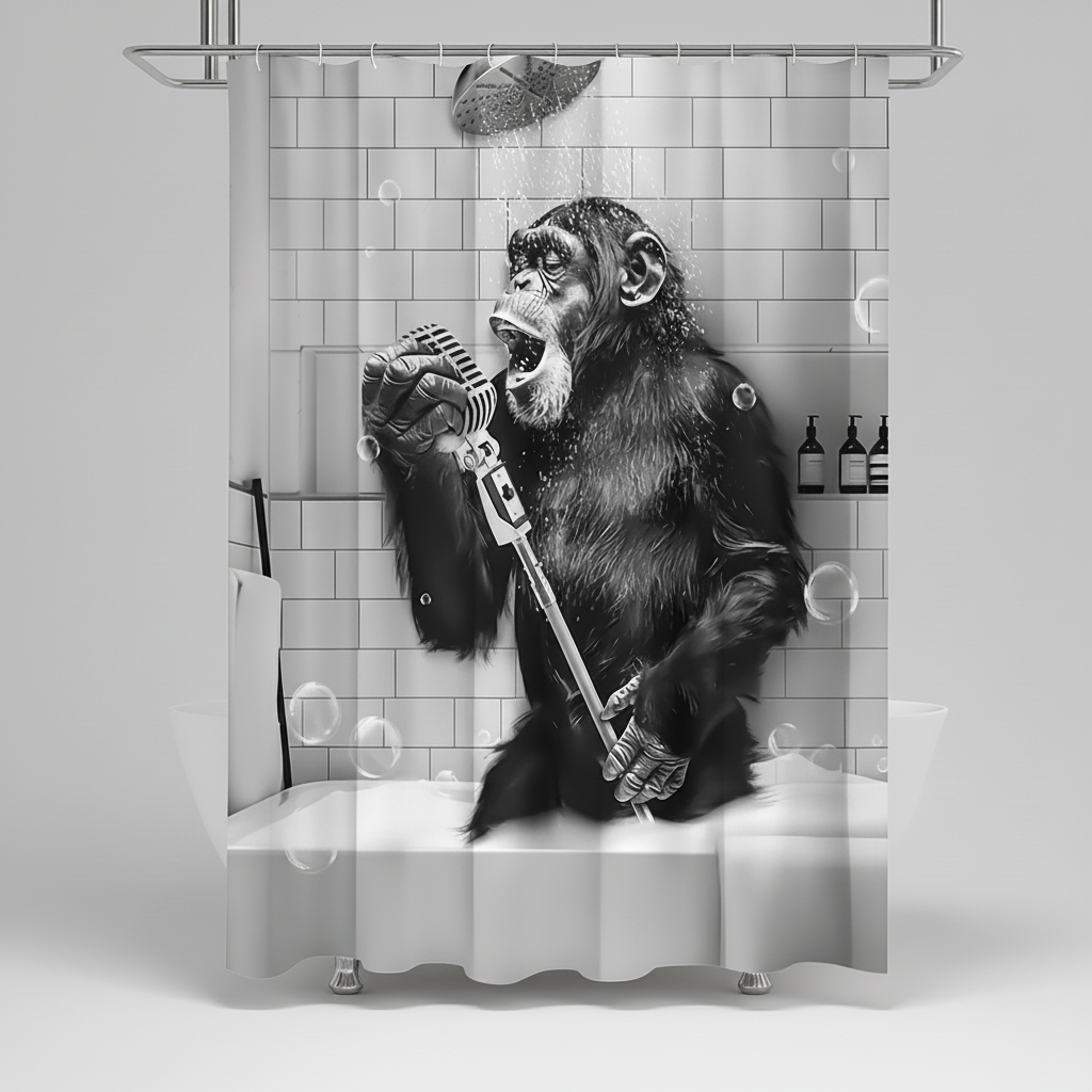 Shower Curtain Black & White Monkey Water Repellent Polyester