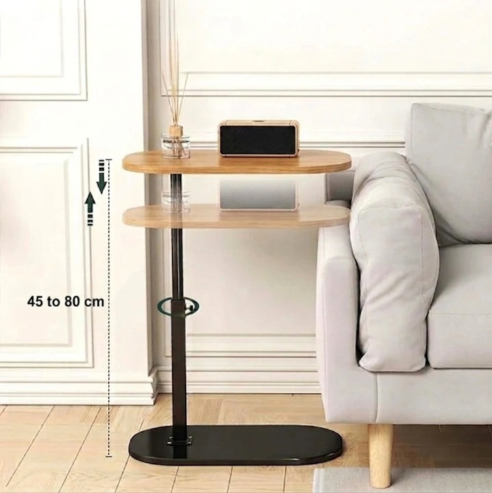 Side Table Height-Adjustable Wood Top & Metal Frame