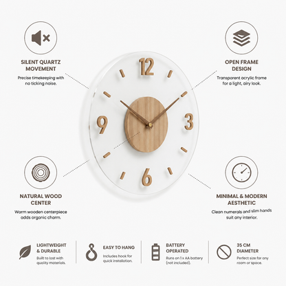 Silent Quartz Open-Frame Wall Clock with Wood Center (35 cm)